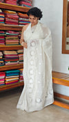 Milky White Mal Chanderi Applique Embroidered Saree - H8812 - A