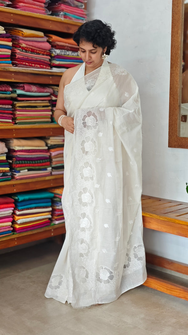 Milky White Mal Chanderi Applique Embroidered Saree - H8812 - A