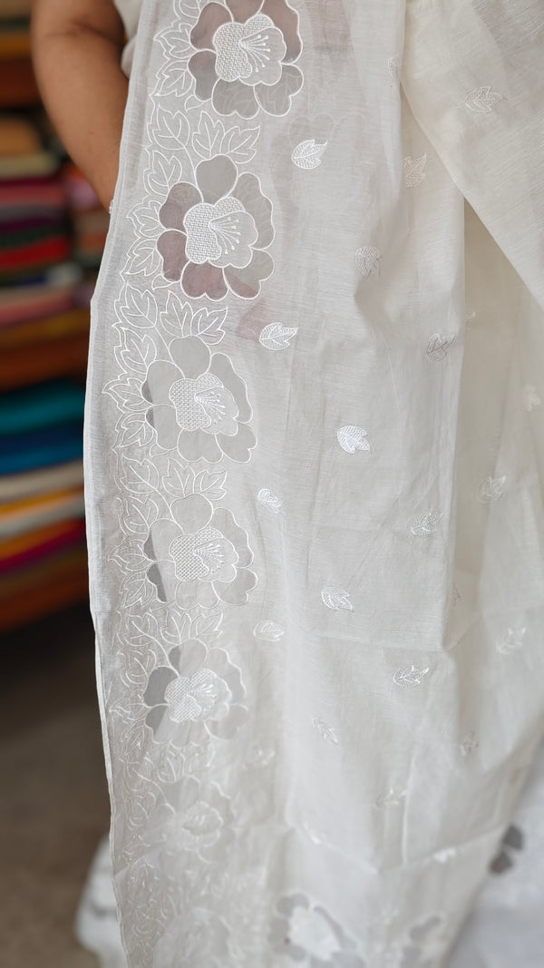Milky White Mal Chanderi Applique Embroidered Saree - H8812 - A