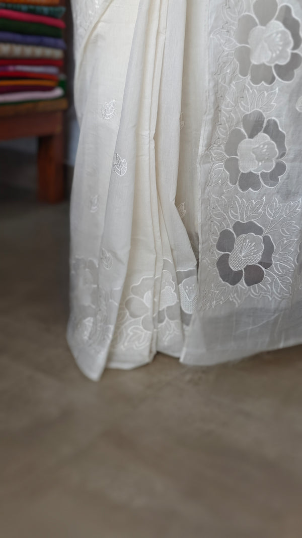 Milky White Mal Chanderi Applique Embroidered Saree - H8812 - A