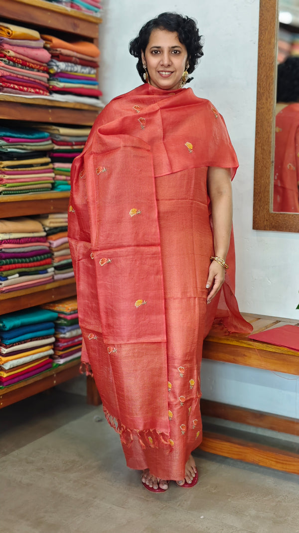 Burnt Orange Checked Tussar Silk Suit - 81NZ