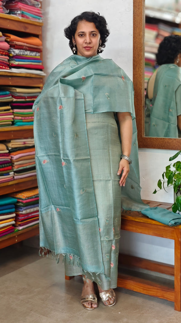 Teal Checked Tussar Silk Suit - 81NZ