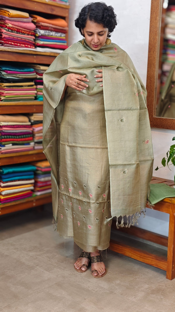 Sage Green Zari Checked Tussar Silk Suit - 81NZ - B