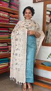 Blue and Beige Semi Silk Cross Stitch Embroidered Suit - UB44