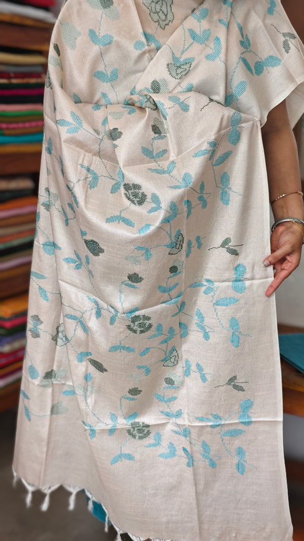 Light Blue and Beige Semi Silk Suit with Cross Stitch Embroidery - UB44