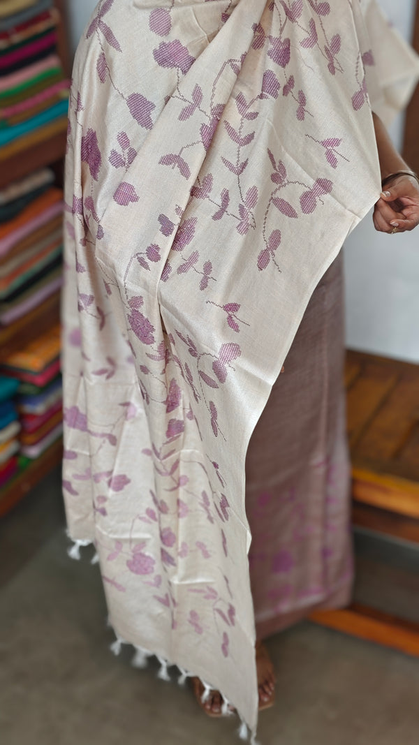 Mauve Lavender and Beige Semi Silk Suit with Cross Stitch Embroidery - UB44