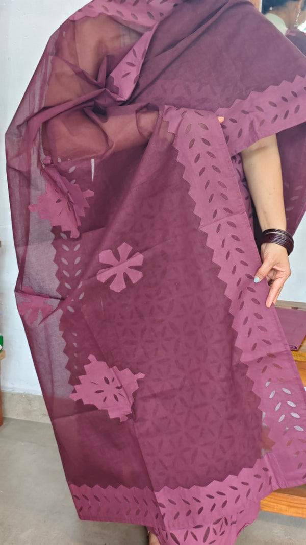 Wine Cotton Suit with Organdy Applique - MMC5 - 1