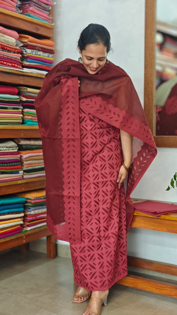 Reddish Maroon Cotton Applique Suit - MMC5