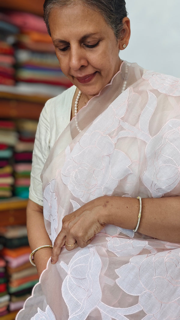 Pastel Pink Peach Applique Organza Saree - PSG2