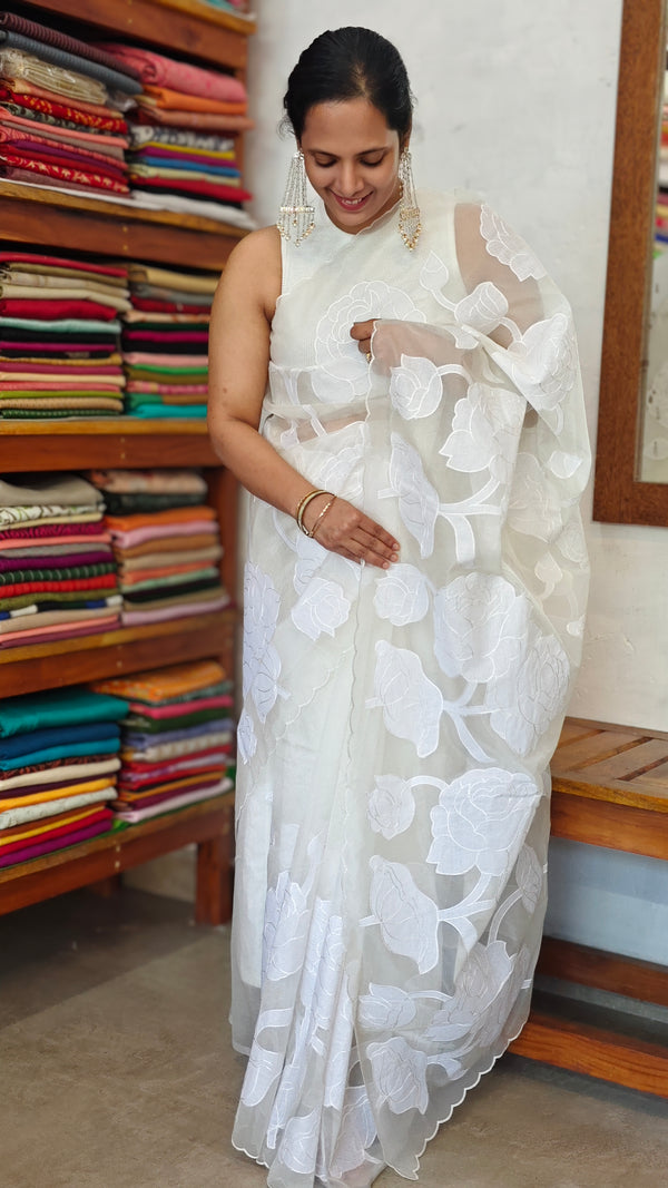 White Organza Applique Saree - PSG2