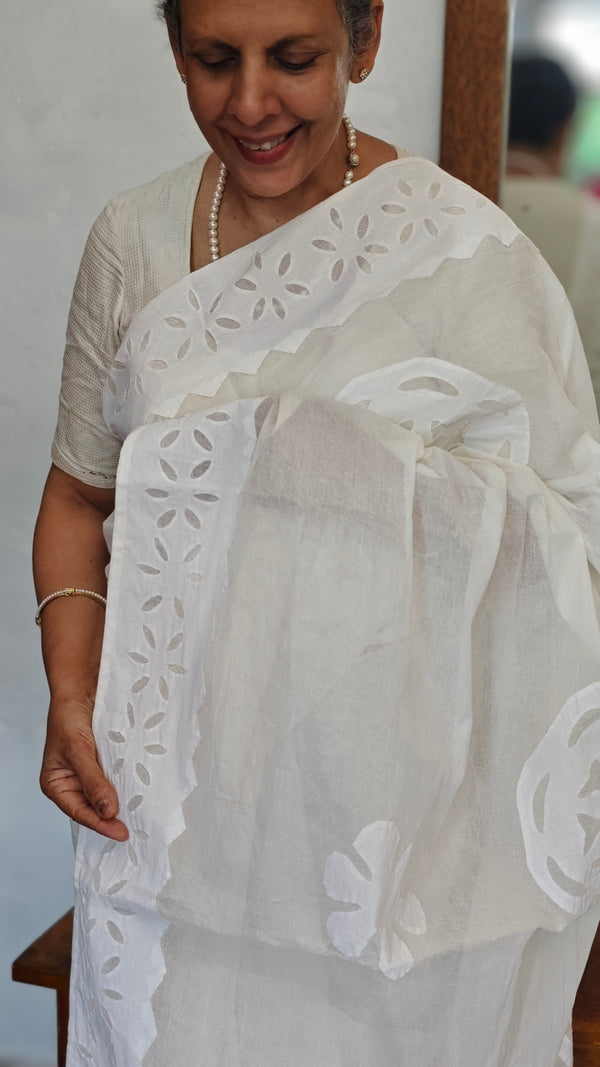Cream Organdy Saree with Cotton Applique - 7188