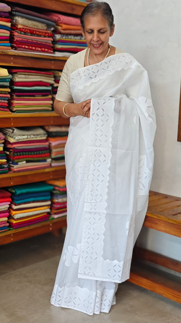 White Organdy Saree with Cotton Applique - 7188