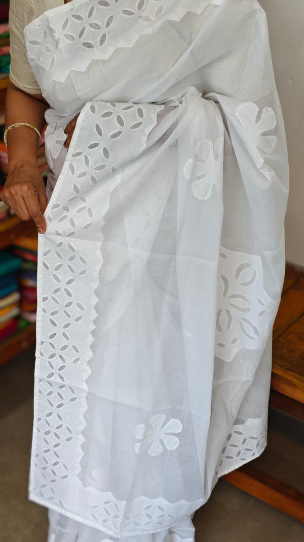 White Organdy Saree with Cotton Applique - 7188