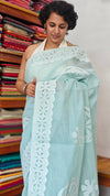 Teal Green Organdy Saree with Cotton Applique - 7188