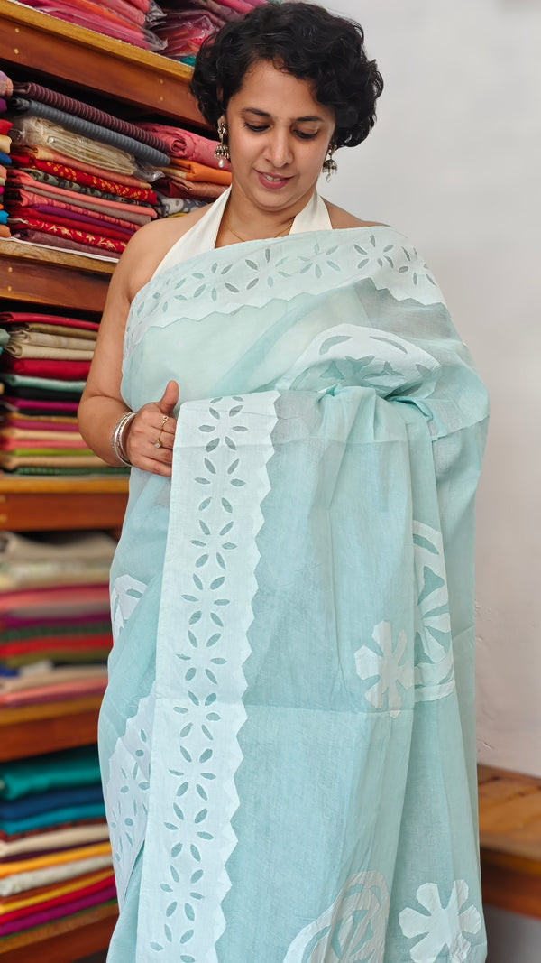 Teal Green Organdy Saree with Cotton Applique - 7188