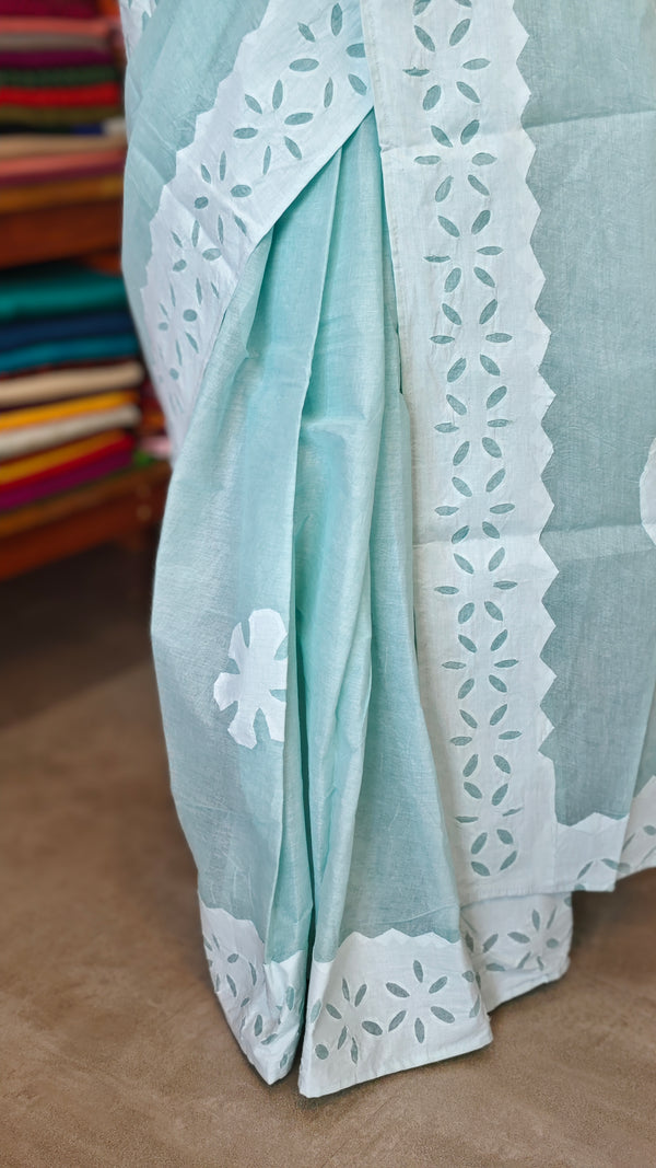 Teal Green Organdy Saree with Cotton Applique - 7188