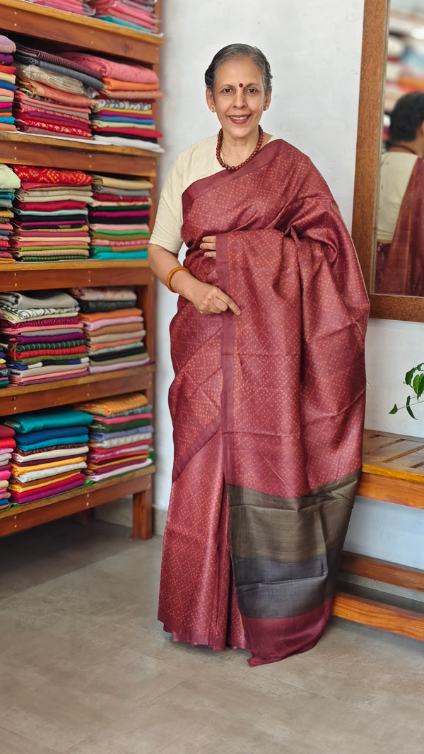 Dark Maroon Printed Tussar Silk Saree - PK772