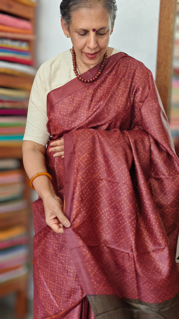 Dark Maroon Printed Tussar Silk Saree - PK772