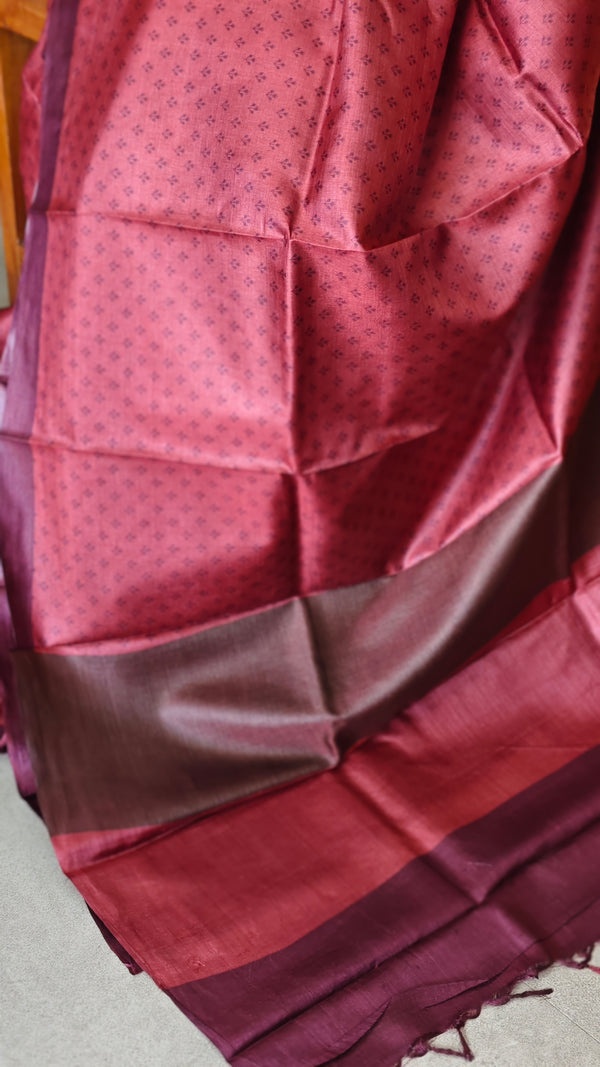 Persian Brick Red Printed Tussar Silk Saree - PK772