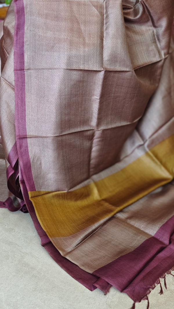 Saddle Brown Printed Tussar Silk Saree with Wine borders - PK772