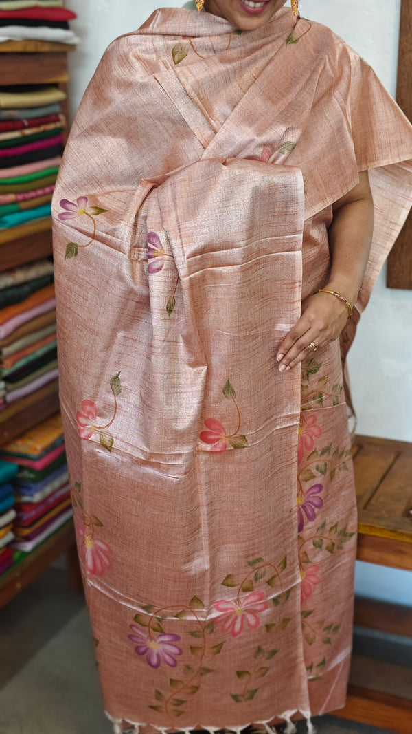 Peach Semi Tussar Suit with Painting - ETV6