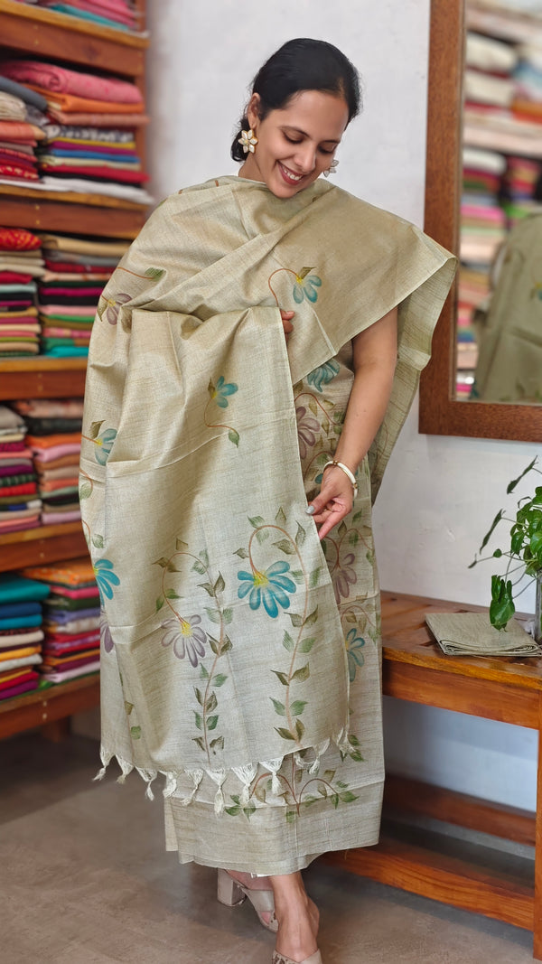 Pista Green Semi Tussar Suit with Painting - ETV6