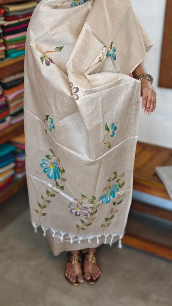 Beige Semi Tussar Suit with Painting - ETV6 - Blue