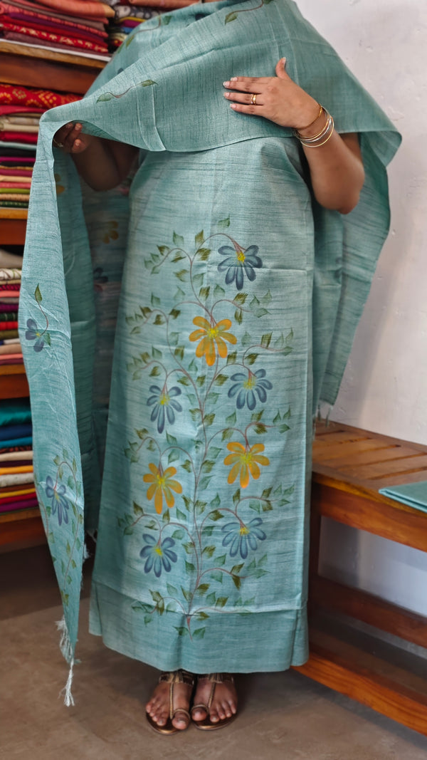 Teal Semi Tussar Suit with Painting - ETV6