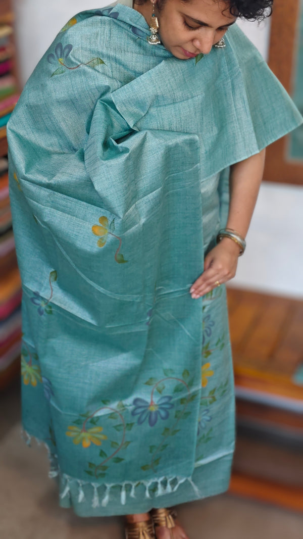 Teal Semi Tussar Suit with Painting - ETV6