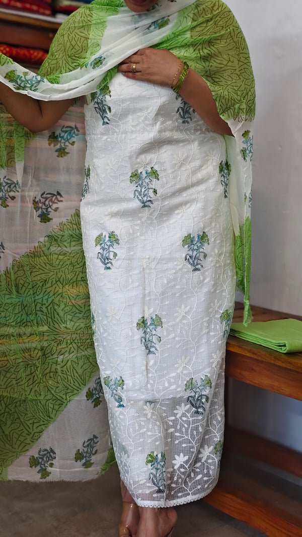 White and Green Embroidered Kota Doria Suit