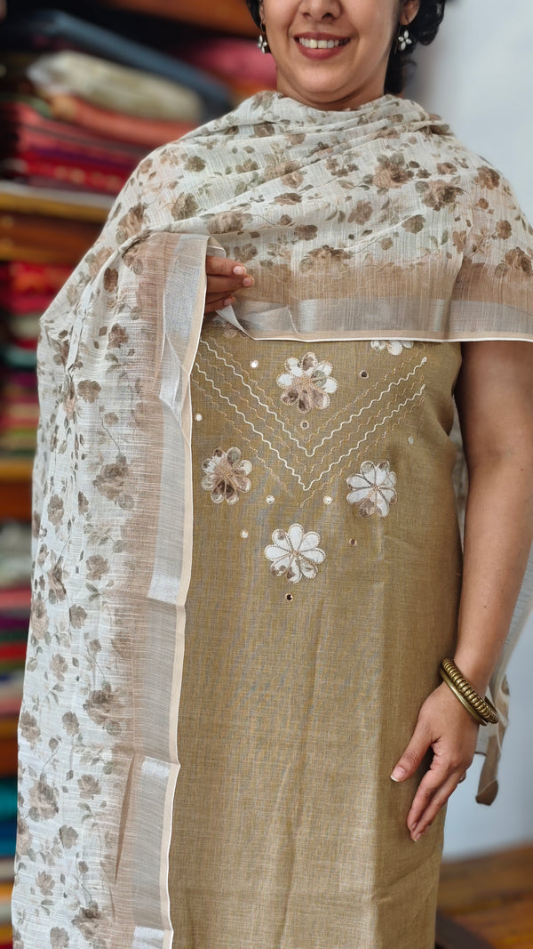 Beige Linen Cotton Suit with Floral Dupatta - BVC5