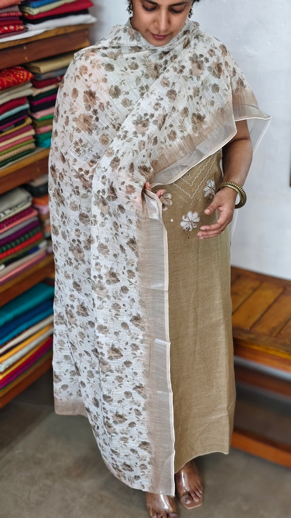 Beige Linen Cotton Suit with Floral Dupatta - BVC5