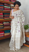 Off White Tussar Silk Saree with Cross Stitch Embroidery