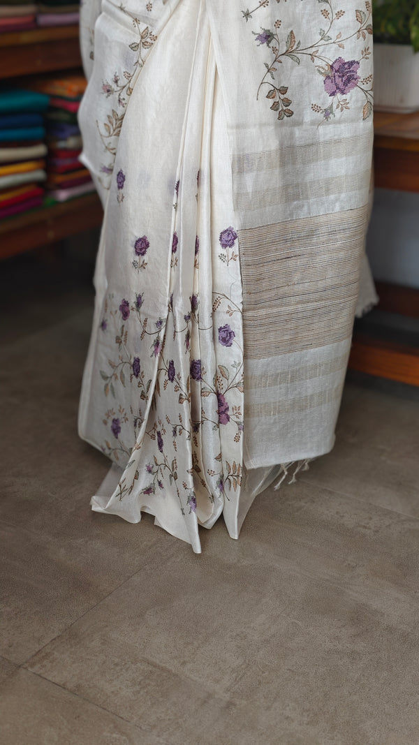 Off White Tussar Silk Saree with Cross Stitch Embroidery