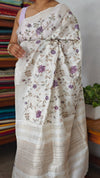 Off White Tussar Silk Saree with Cross Stitch Embroidery