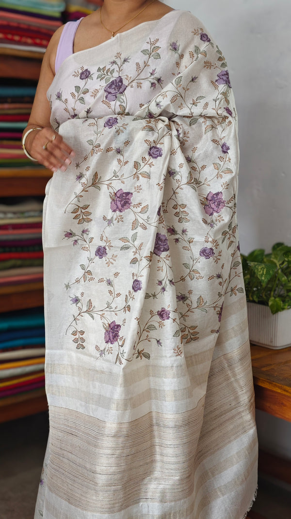 Off White Tussar Silk Saree with Cross Stitch Embroidery