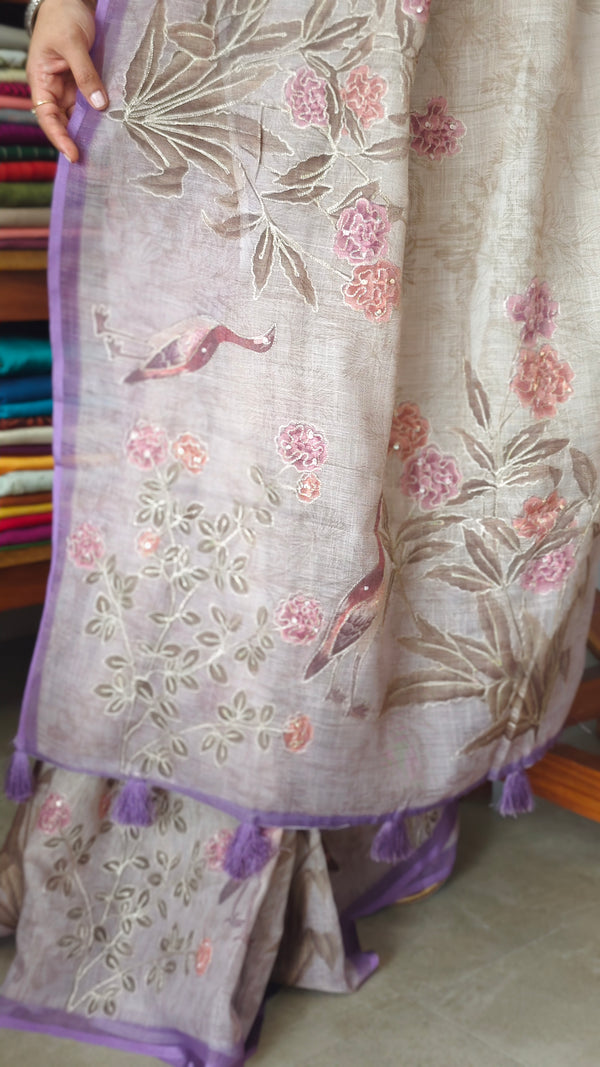 Printed Linen Tissue Saree - 3428 - Lavender