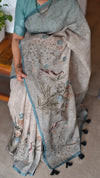 Printed Linen Tissue Saree - 3428 - Teal
