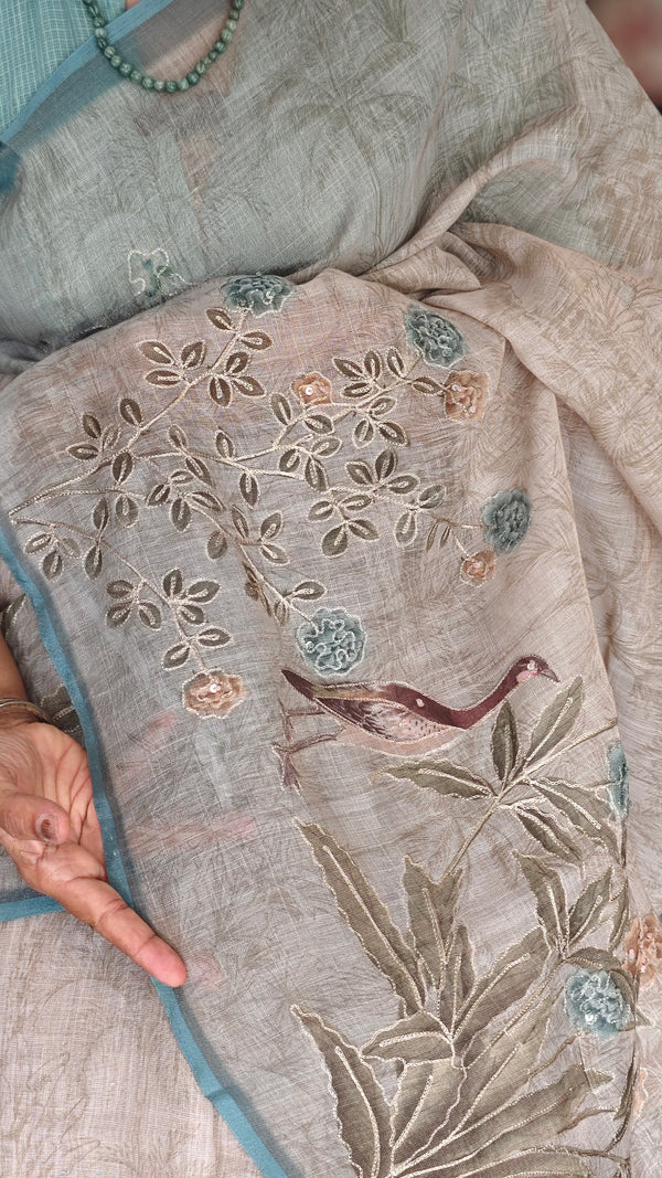 Printed Linen Tissue Saree - 3428 - Teal