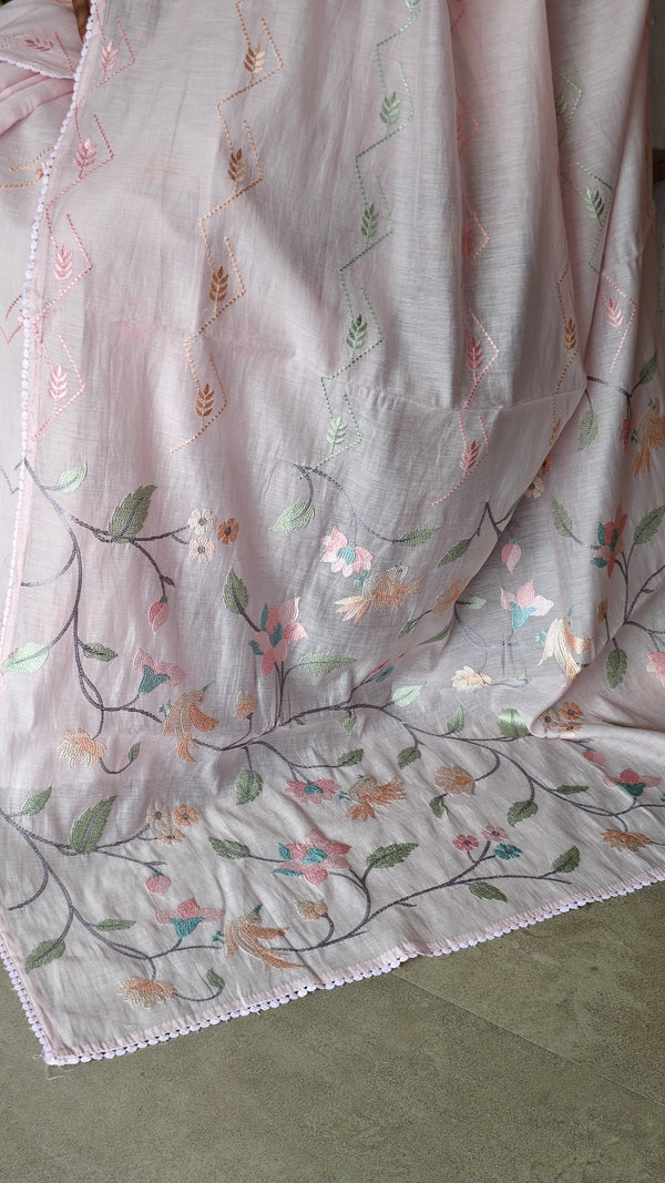 Pink Muslin Saree with Parsi Embroidery - 6437