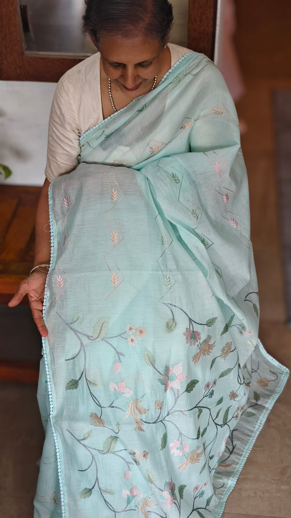 Aqua Blue Muslin Saree with Parsi Embroidery - 6437