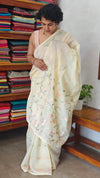 Butter Yellow Muslin Saree with Parsi Embroidery - 6437