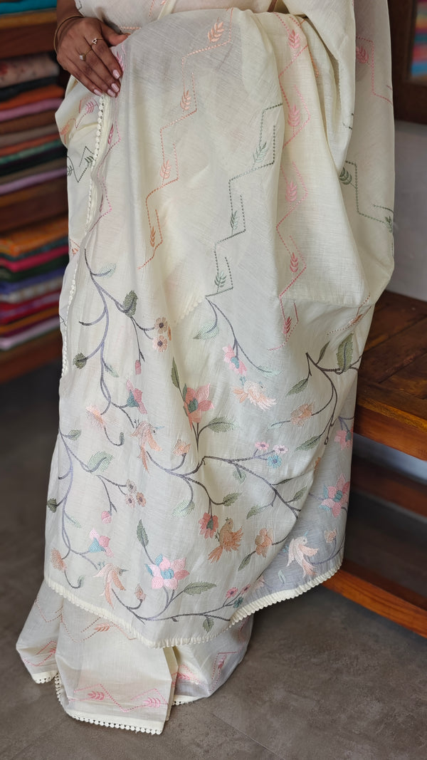 Butter Yellow Muslin Saree with Parsi Embroidery - 6437