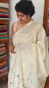 Butter Yellow Muslin Saree with Parsi Embroidery - 6437