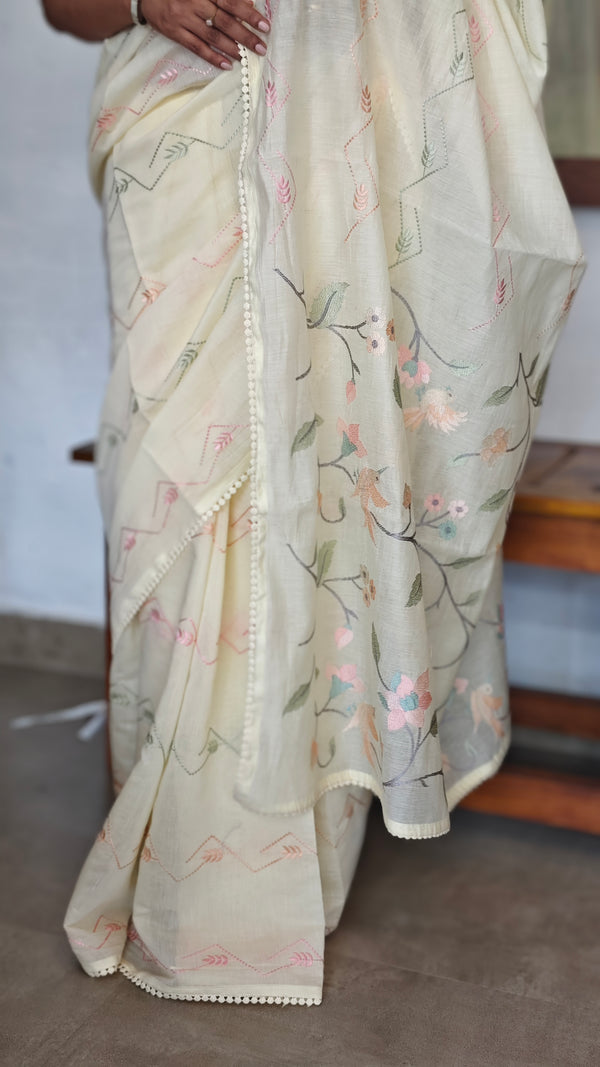 Butter Yellow Muslin Saree with Parsi Embroidery - 6437