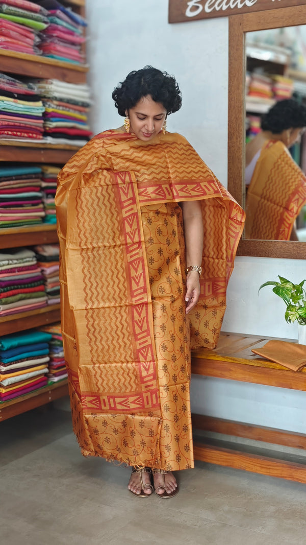 Mustard Printed Tussar Silk Suit - TN293