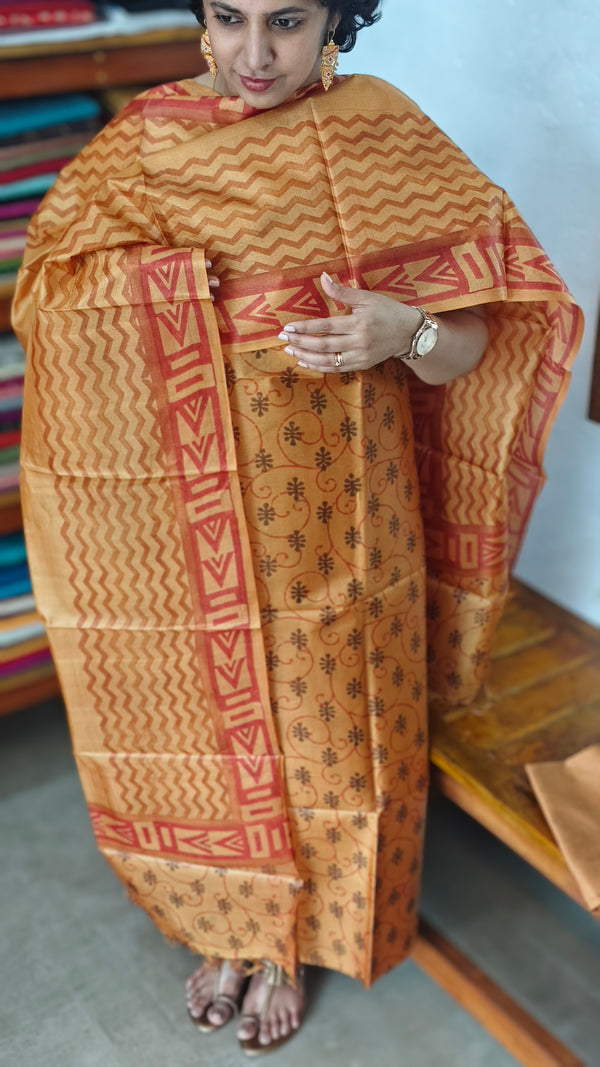 Mustard Printed Tussar Silk Suit - TN293