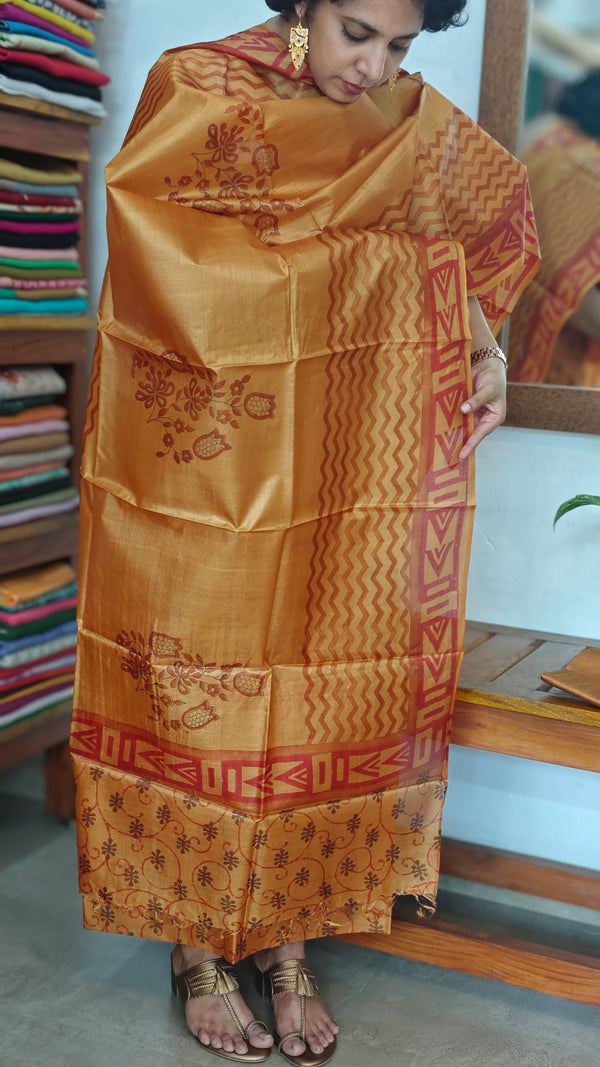 Mustard Printed Tussar Silk Suit - TN293