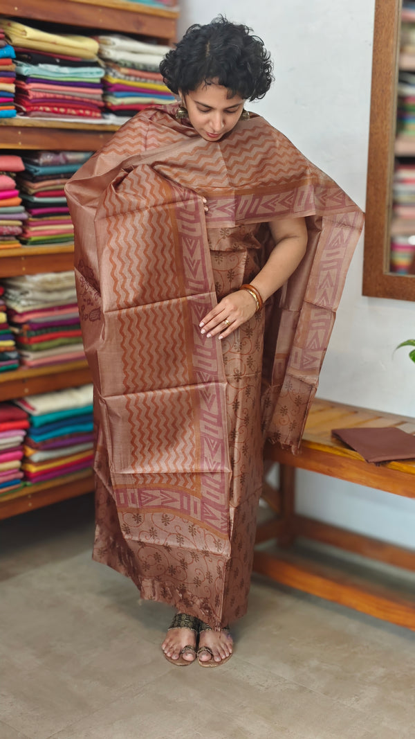 Chocolate Brown Printed Tussar Silk Suit - TN293