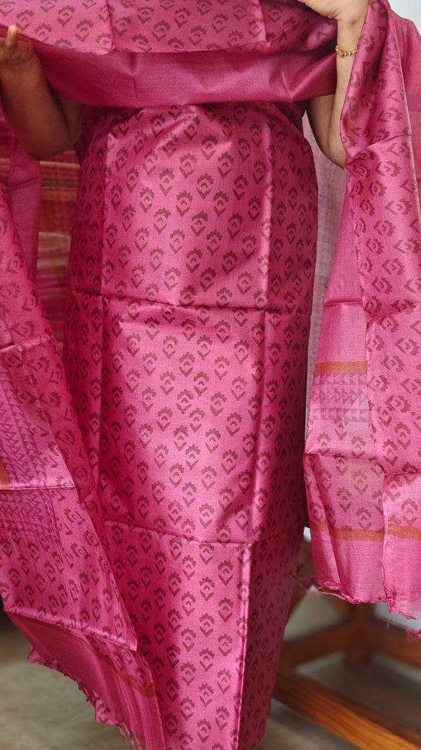 Hot Pink Printed Tussar Silk Suit - TN293